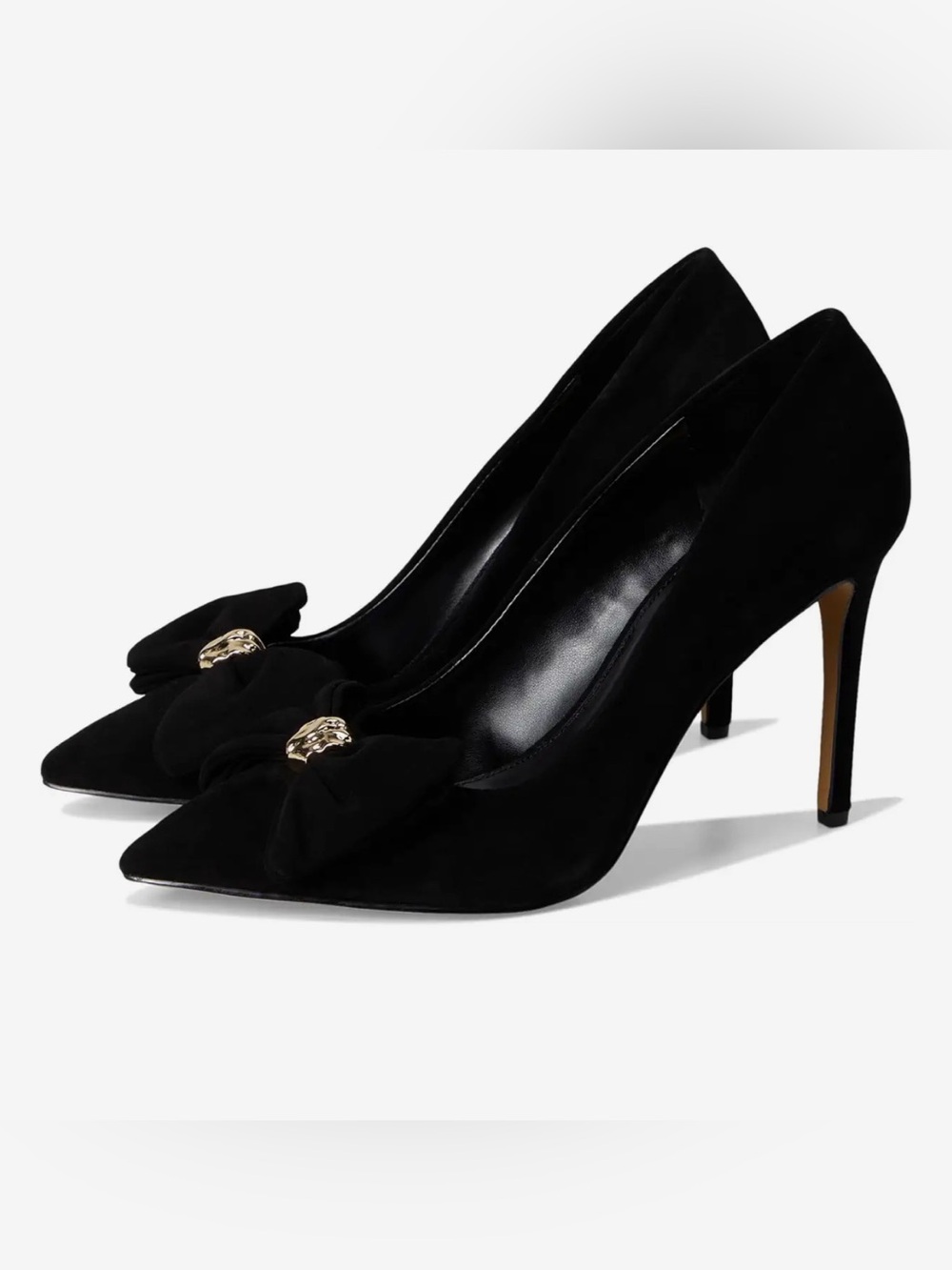 Vince Camuto Black Suede Pointed Toe Pumps with Bow and Gold Accent